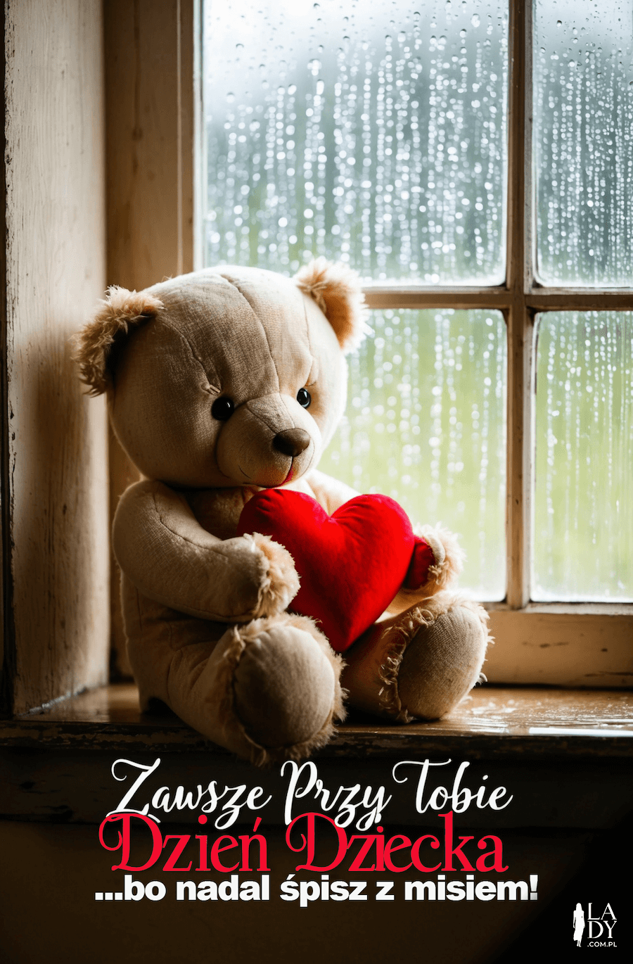 Uroczy obrazek z misiem siedzącym na parapecie przy oknie, z serduszkiem w łapkach i z napisem: Zawsze Przy Tobie, Dzień Dziecka, bo nadal śpisz z misiem