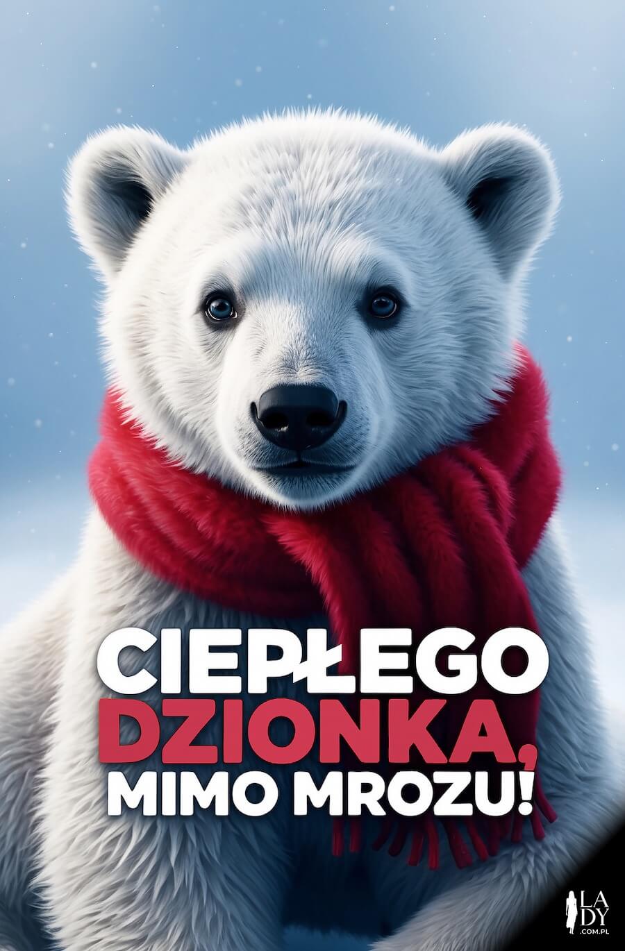 Urocza kartka do wysłania, biały miś polarny z szalikiem, z napisem: Ciepłego dzionka, mimo mrozu
