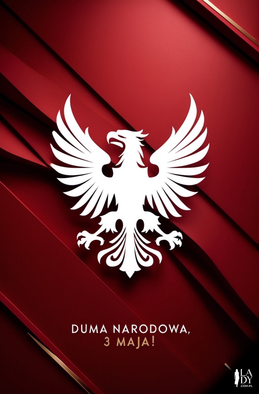 Nowoczesna kartka z białym orłem na czerwonym tle, w imię pamięci za naród, z napisem: Duma narodowa, 3 maja