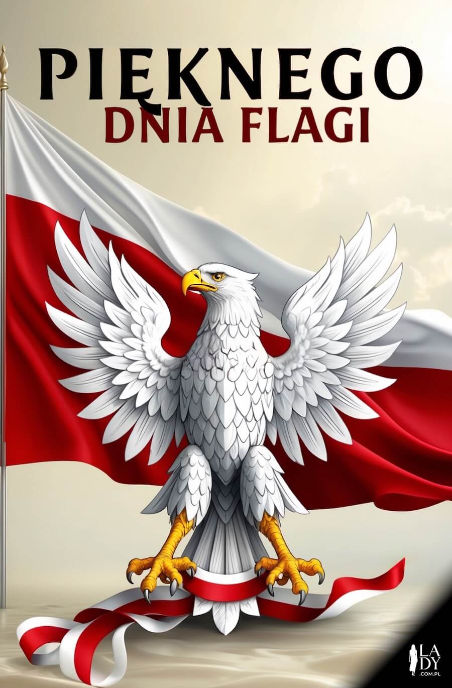 Kartka biały polski orzeł z flagą biało-czerwoną, z pozdrowieniami: Pięknego dnia flagi