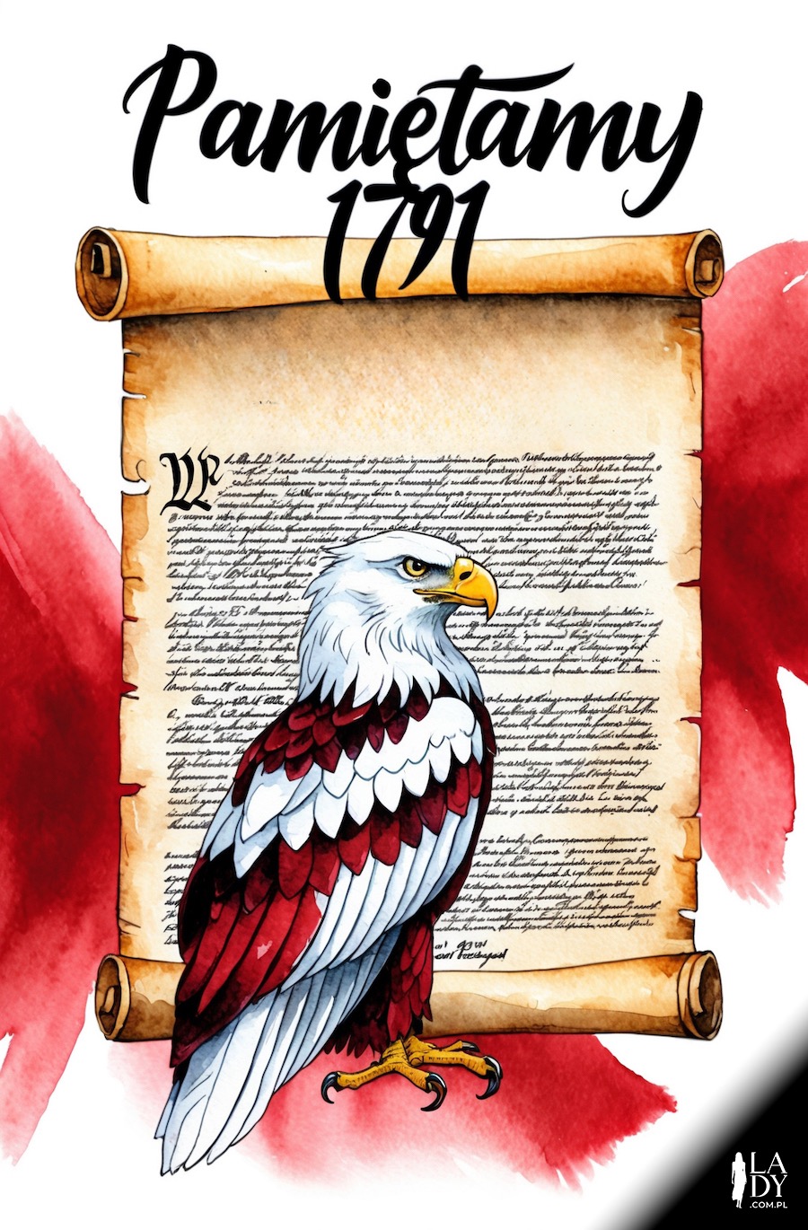 Uroczysta kartka pełna patriotyzmu, orzeł polski przy papirusie, z napisem: Pamiętamy 1791