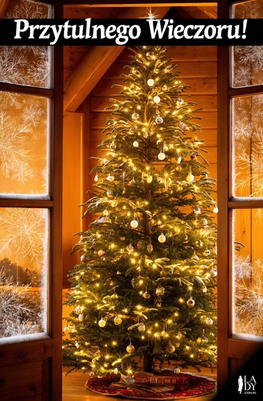 Kartka pełna serdeczności i rodzinnego ciepła, oświetlona lampkami choinka przyozdobiona w bombki, z napisem: Przytulnego wieczoru
