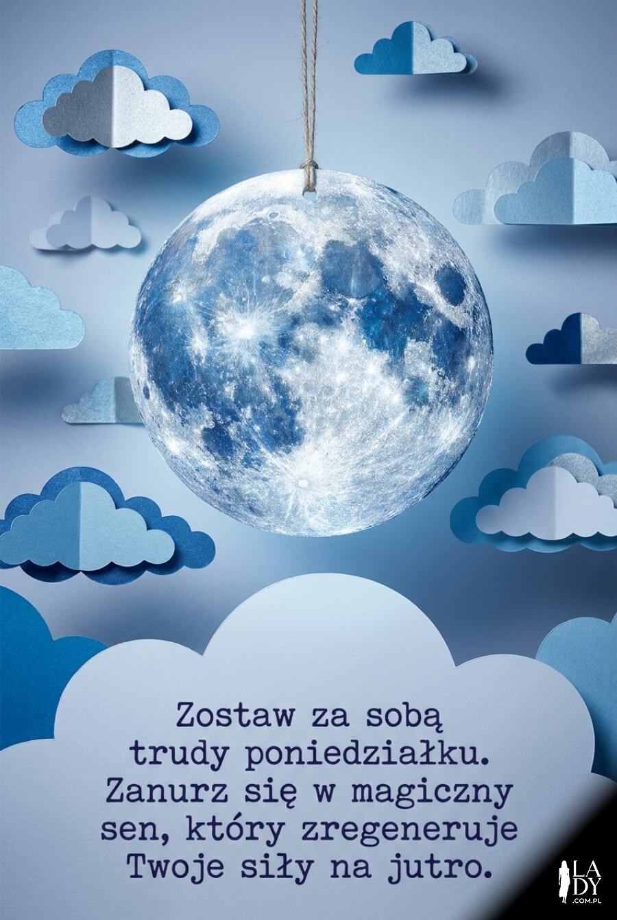 Trójwymiarowa kompozycja z papierowym księżycem i chmurami oraz granatowym tekstem na dobranoc