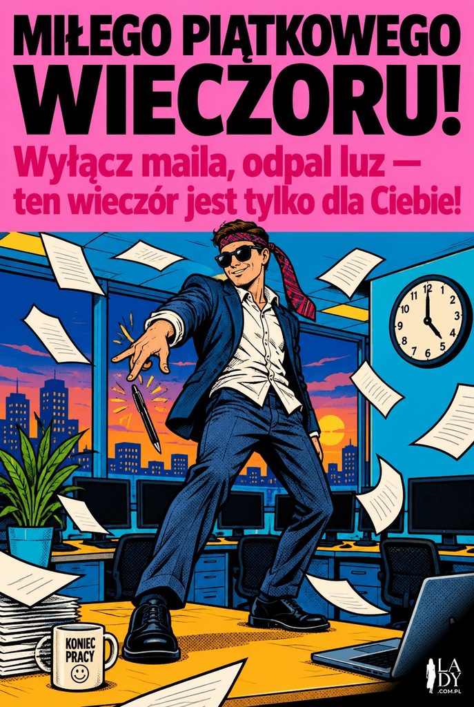 Ilustracja pop-art przedstawiająca pracownika w garniturze robiącego żartobliwy gest mic drop na biurku, otoczonego fruwającymi kartkami papieru, z hasłem o miłym piątkowym wieczorze.