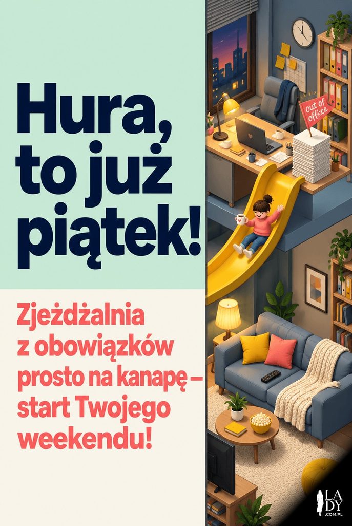 Izometryczna diorama pokazująca biurko połączone zjeżdżalnią z przytulną kanapą, symbolizująca przejście z pracy do relaksu w piątkowy wieczór.