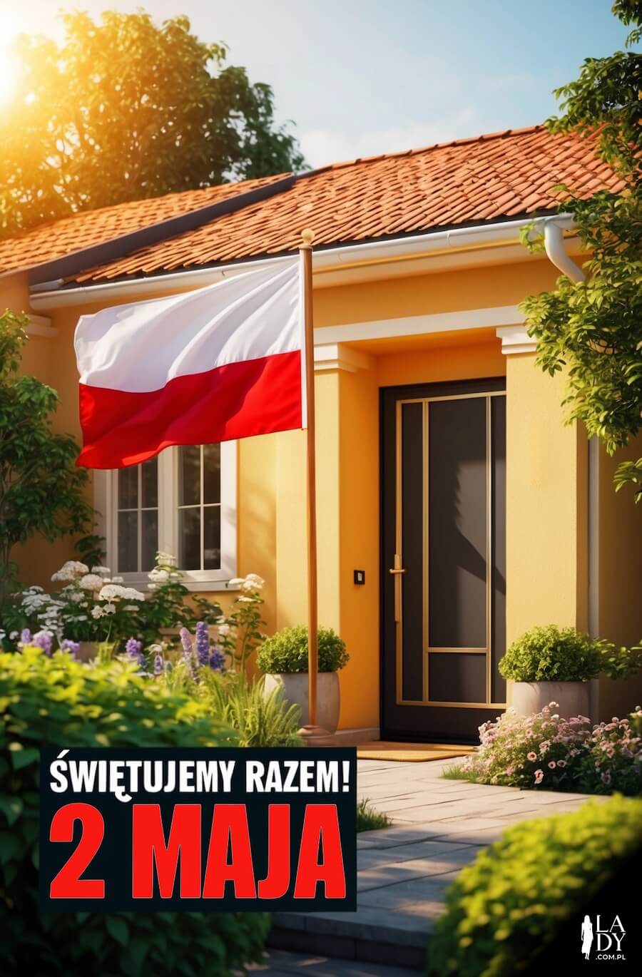 Kartka przedstawiająca wywieszoną flagę Polski obok domu, z napisem: Świętujemy razem, 2 maja