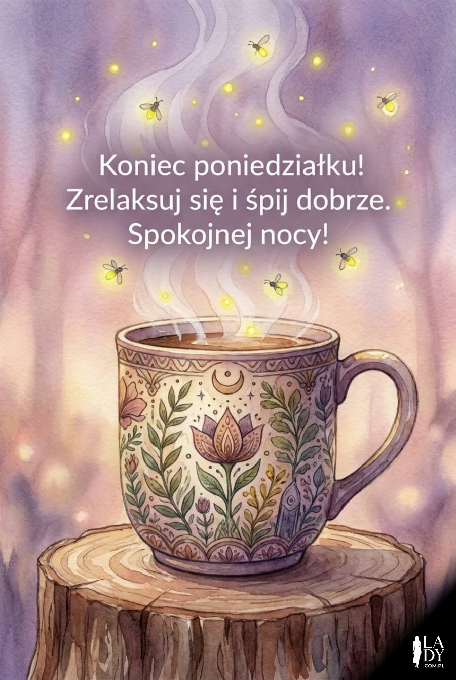 Akwarelowa ilustracja parującego kubka ze świetlikami w pastelowyach kolorach z białym napisem