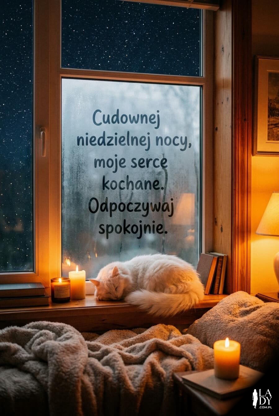 Przytulna kartka na dobranoc w niedzielę z widokiem przez okno, romantycznym detalem i życzeniami na szybie