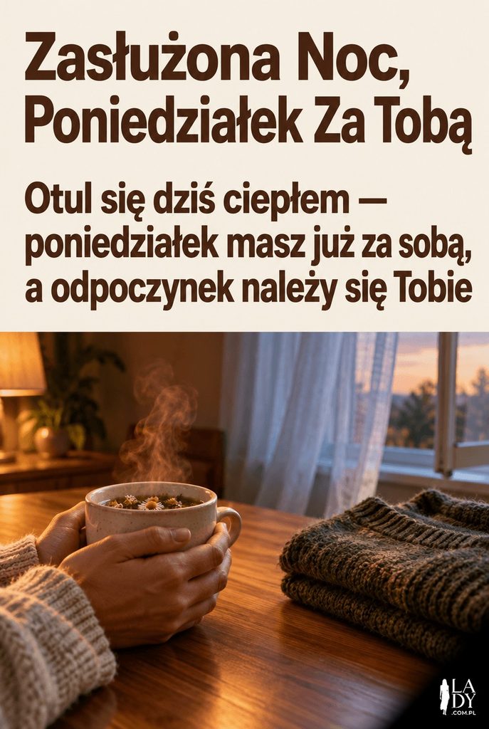 Kartka na dobranoc po poniedziałku z dłońmi trzymającymi kubek herbaty i przygotowanym na jutro swetrem.