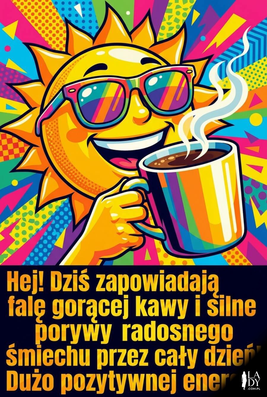 Pop-artowa kartka na dzień dobry przedstawiająca słońce w okularach z kubkiem kawy oraz zabawną prognozą pogody i promienistą czcionką
