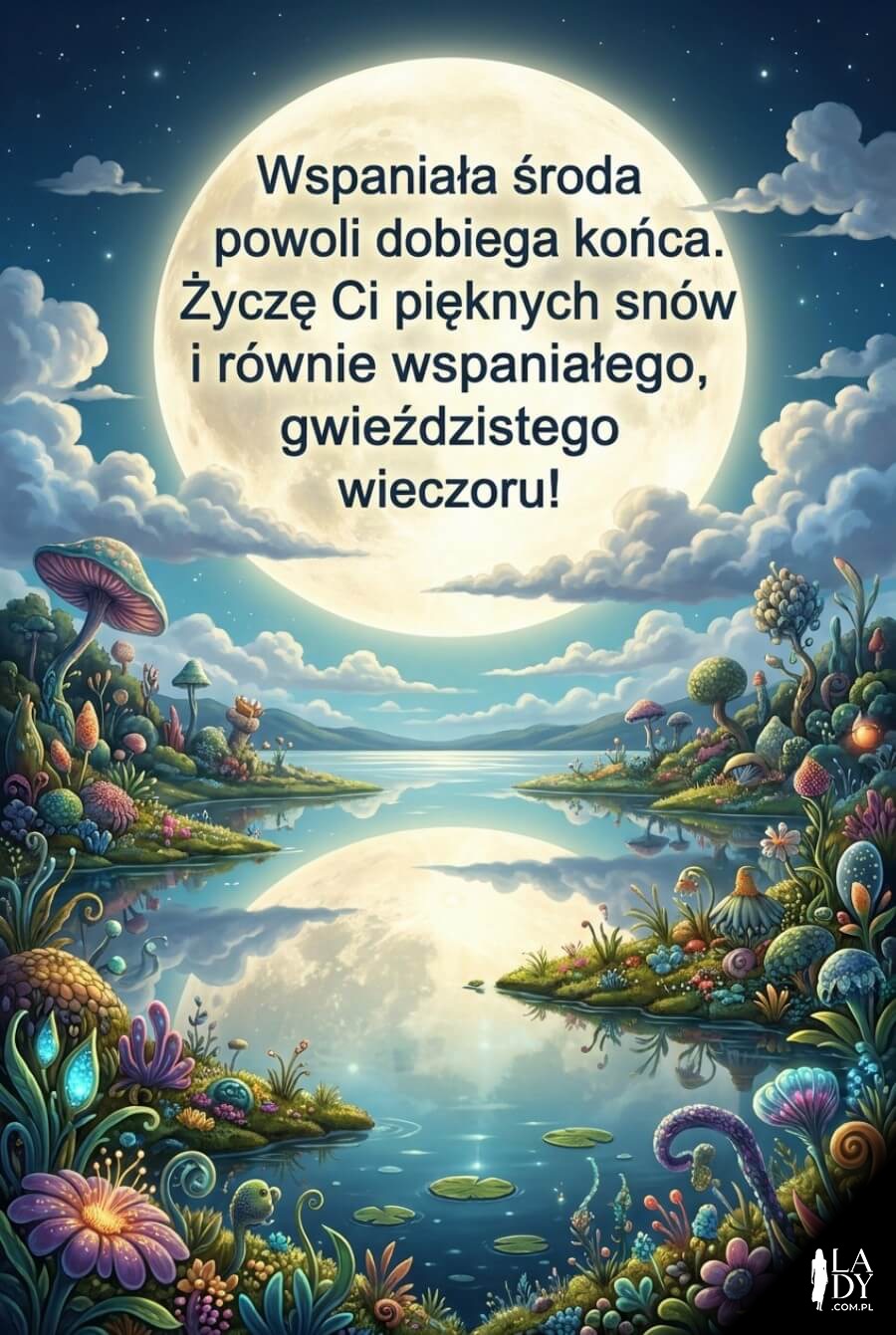 Ogromny świetlisty księżyc odbijający się w wodzie jeziora z życzeniami na gwieździsty środowy wieczór
