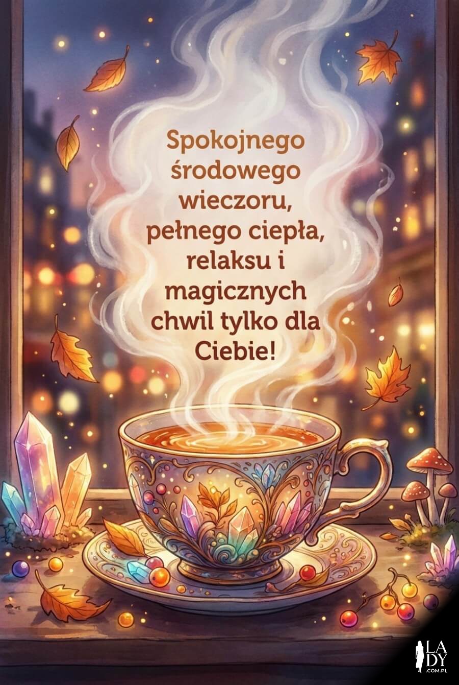 Parująca filiżanka herbaty na parapecie na tle rozmytych świateł wieczornego miasta z życzeniami na środę