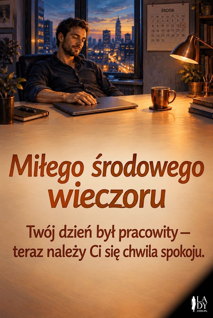 Mężczyzna zamyka laptopa o zmierzchu w domowym gabinecie, w tle miasto o zachodzie słońca; na dolnym pasie grafiki życzenia miłego środowego wieczoru.