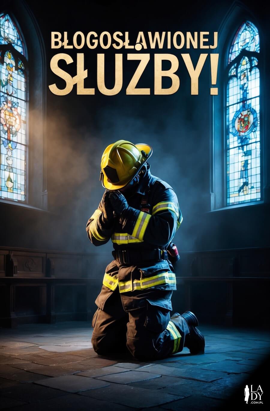 Oryginalna kartka pełna pasji, strażak klęczący w kościele podczas modlitwy, z pozdrowieniami: Błogosławionej służby