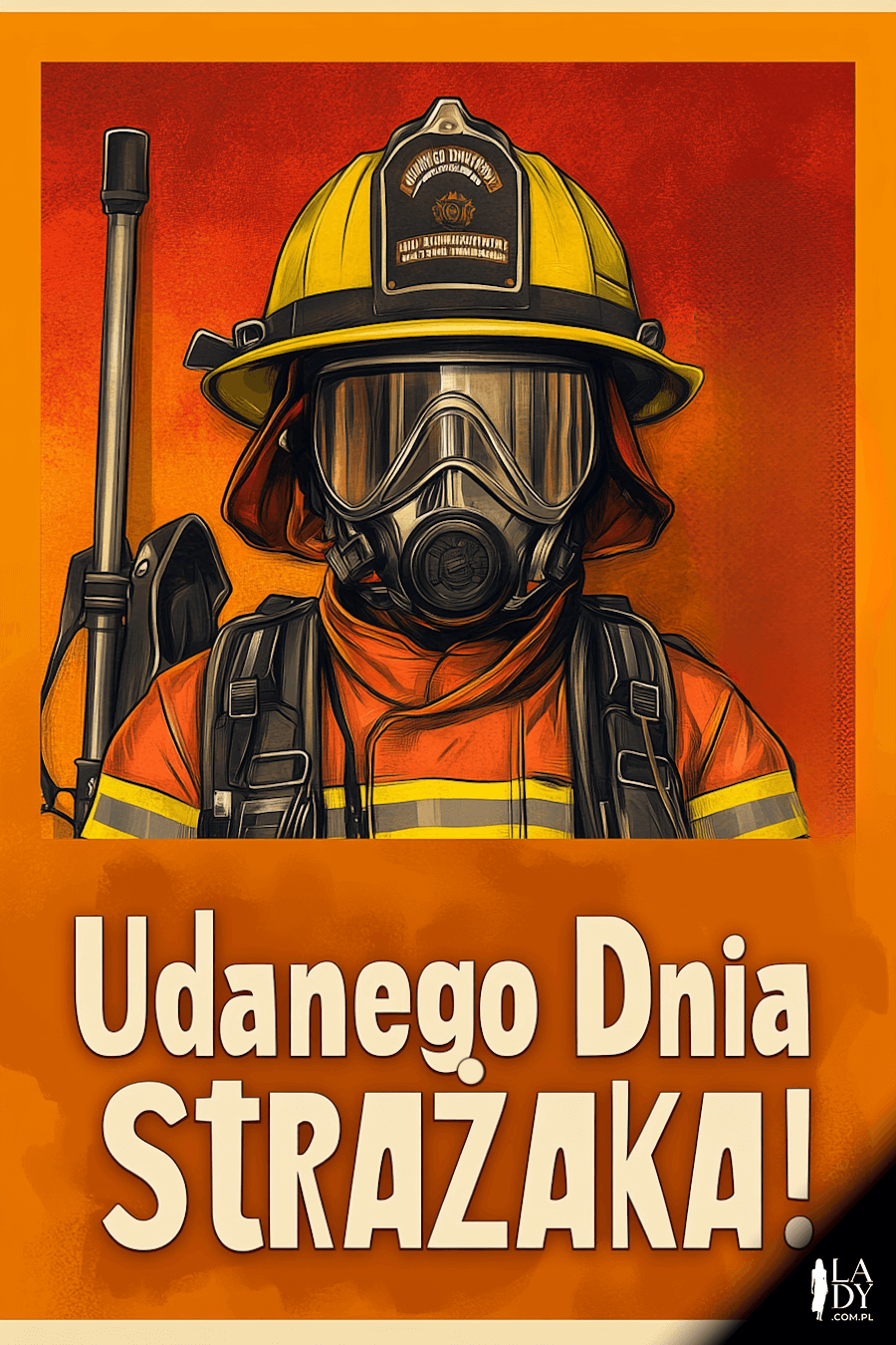 Kartka z wyposażonym strażakiem, ogniste tło, z napisem: Udanego Dnia Strażaka