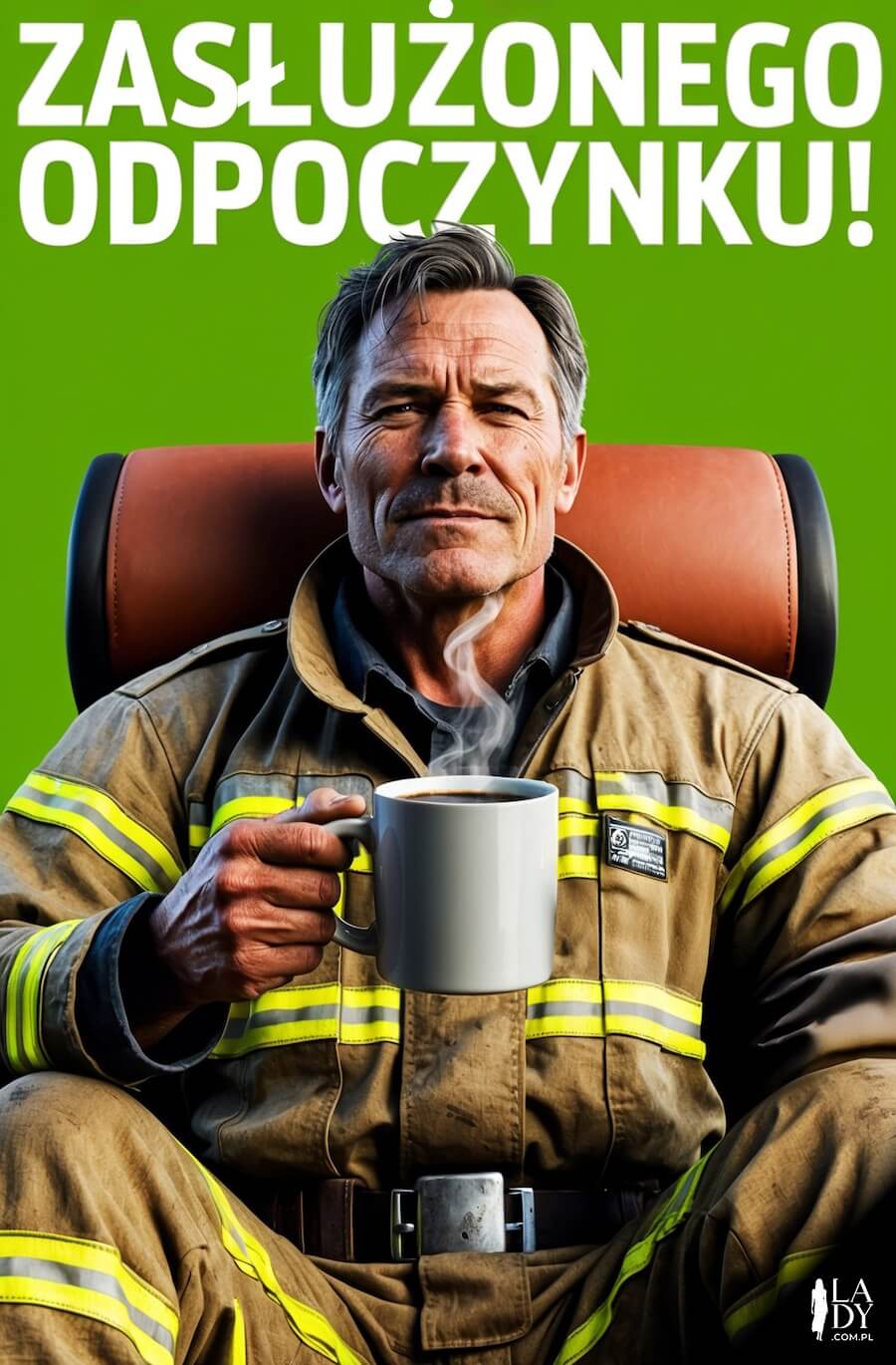 Humorystyczna kartka do wysłania w Dzień Strażaka 4 maja, strażak pijący kawę podczas siedzenia, z napisem: Zasłużonego odpoczynku