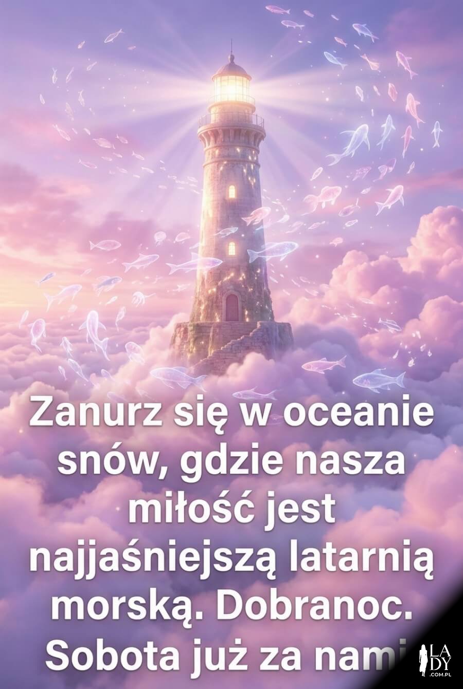 Surrealistyczna grafika z latarnią morską dryfującą w pastelowych chmurach, latającymi rybami i napisem na dobranoc