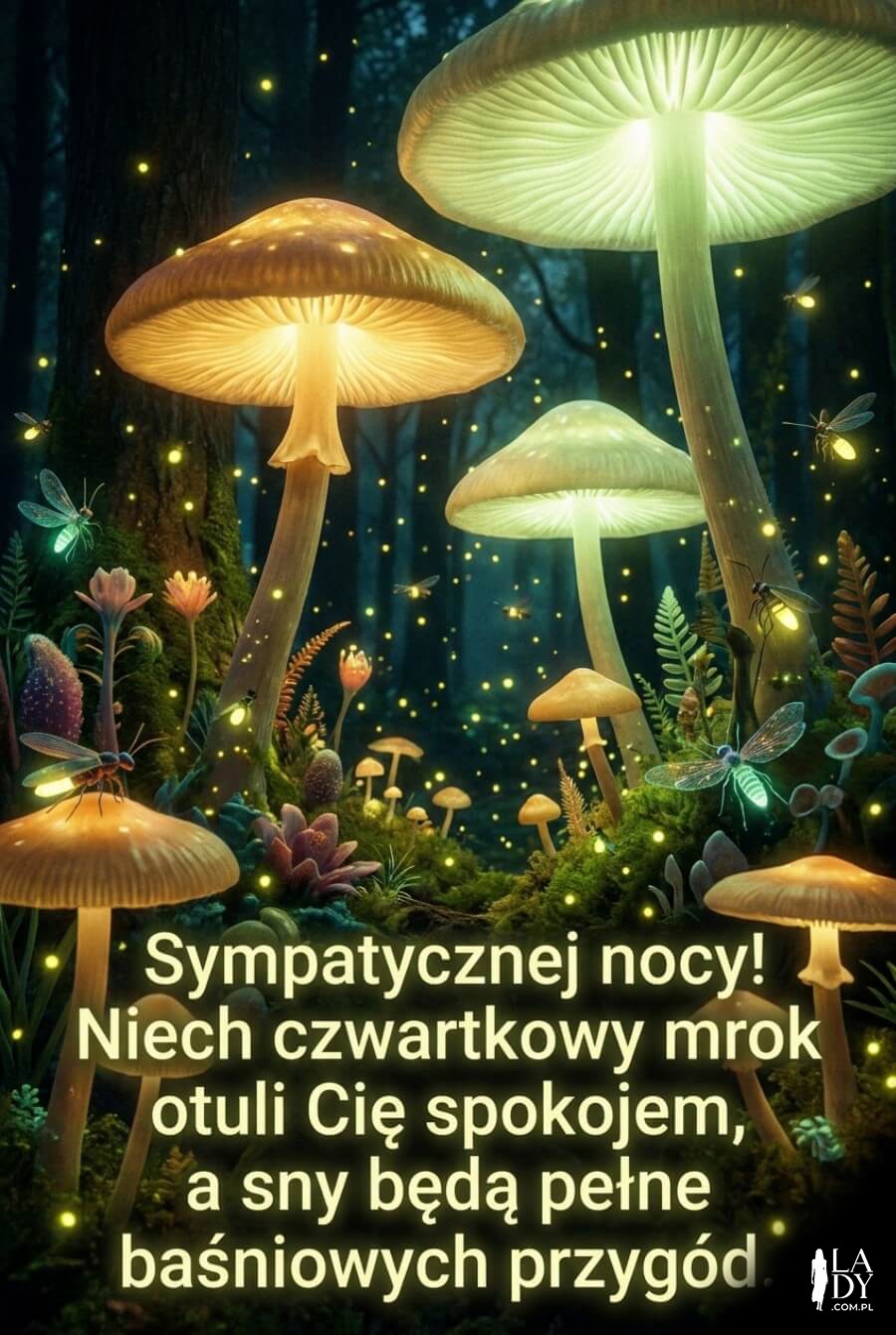 Baśniowy las z ogromnymi świecącymi grzybami i tekstem życzeń na czwartkową noc