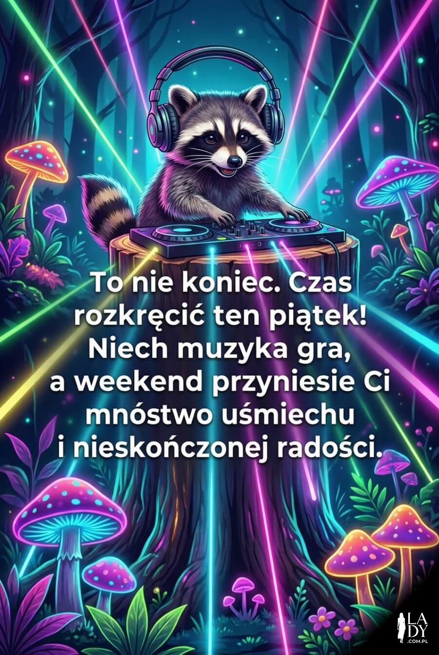 Szop pracz w słuchawkach grający jako DJ w lesie z tekstem o rozkręceniu piątku