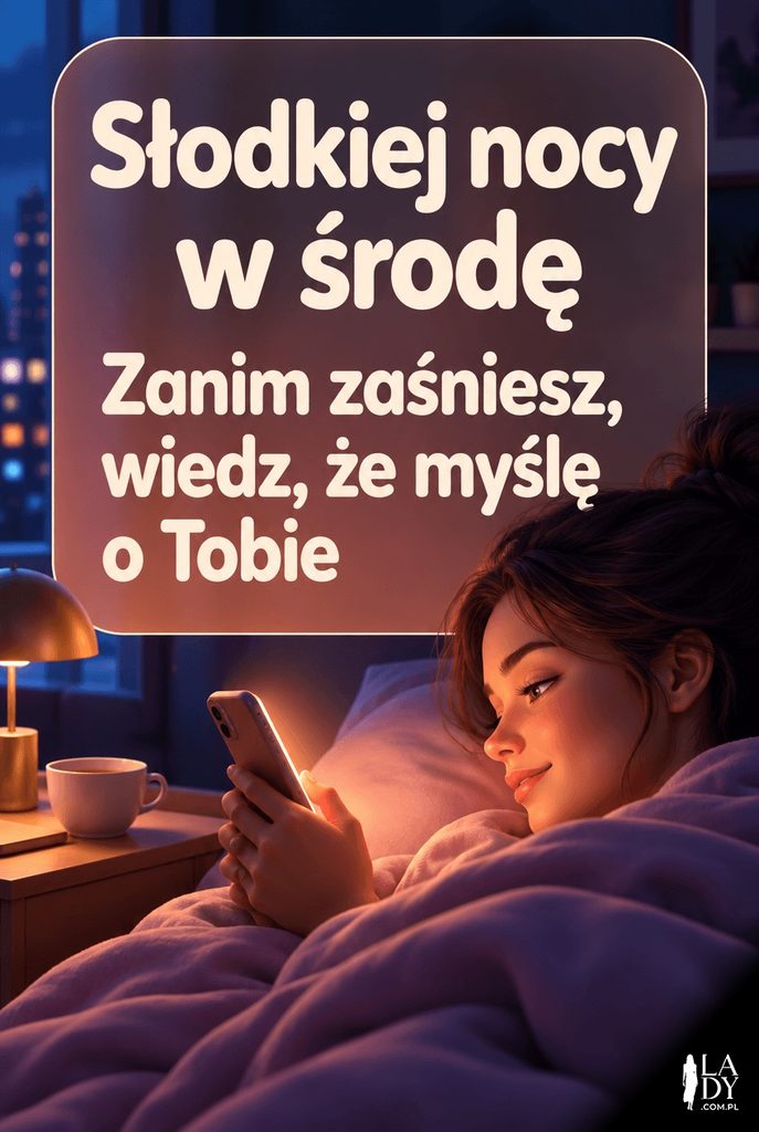Dłonie trzymające telefon w ciemnej sypialni, ciepły blask ekranu oświetla owalny panel z czułymi życzeniami słodkiej nocy w środę.