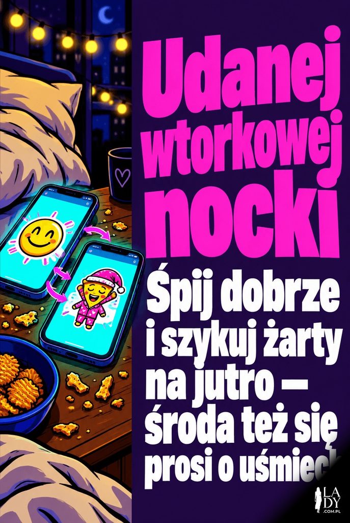 Kolorowa ilustracja pop-art z dwoma telefonami wymieniającymi zabawne naklejki na nocnym stoliku, z życzeniem udanej wtorkowej nocki dla przyjaciół.