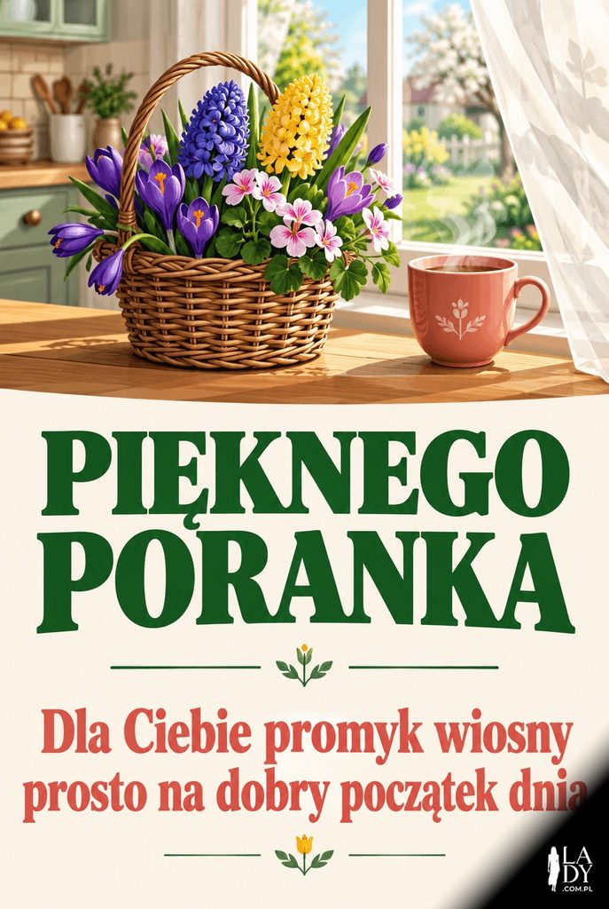 Wiosenna kartka na dzień dobry z koszyczkiem świeżych kwiatów na kuchennym parapecie i życzeniem pięknego poranka