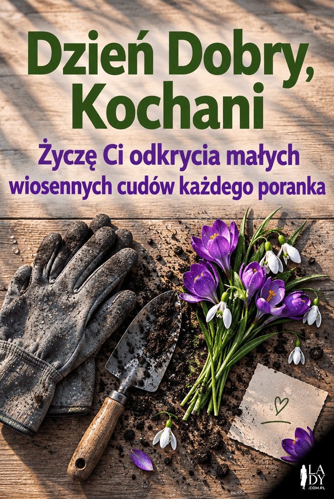 Kartka na dzień dobry z widokiem z góry na ogrodowe narzędzia i pierwsze wiosenne kwiaty, życzenie udanego poranka