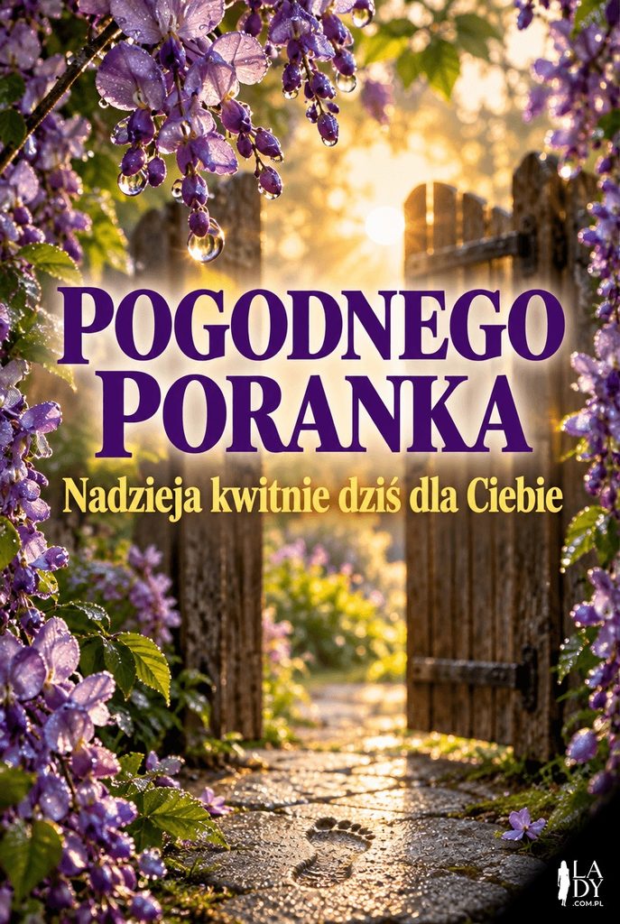 Kartka z wiosenną sentencją, furtka oplecionego glicynią ogrodu i życzenie pogodnego poranka