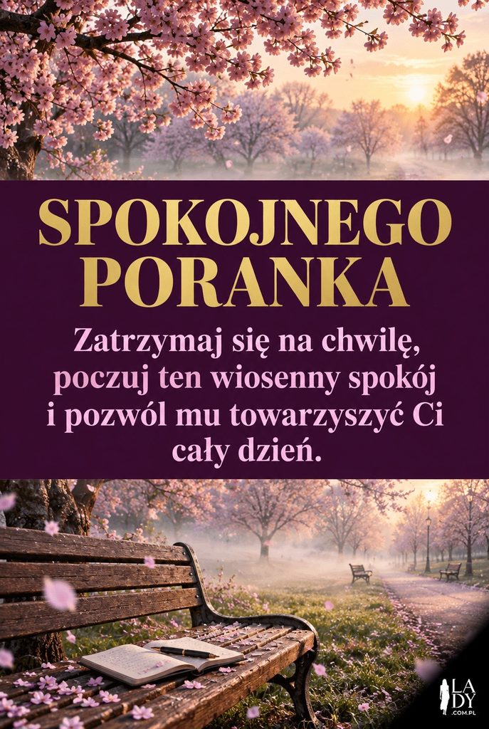 Kartka z wiosenną sentencją, ławka pod kwitnącą wiśnią o świcie i życzenie spokojnego poranka