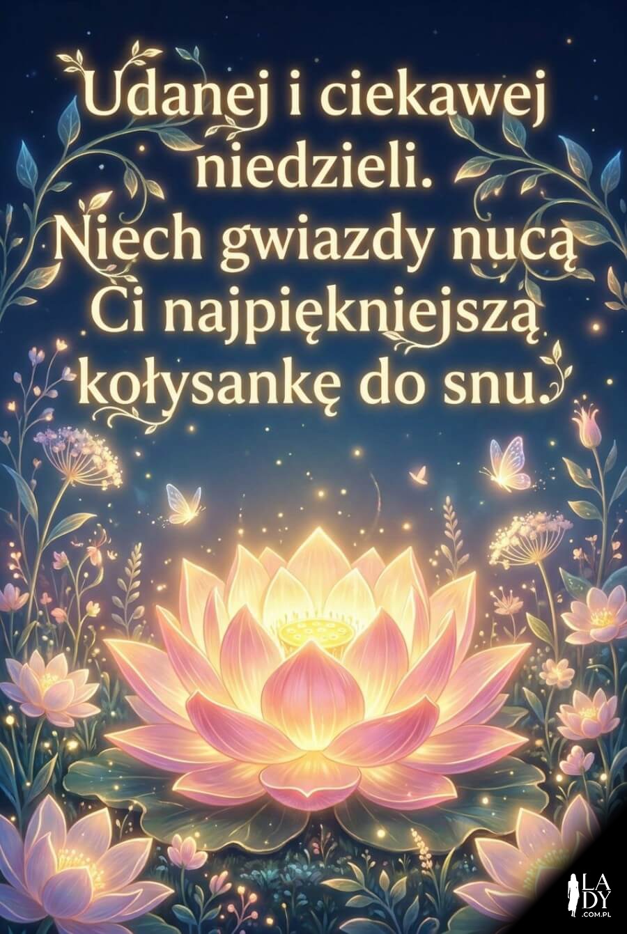 Magiczna kartka na dobranoc w niedzielę ze świetlistym ogrodem i życzeniami wkomponowanymi w roślinność