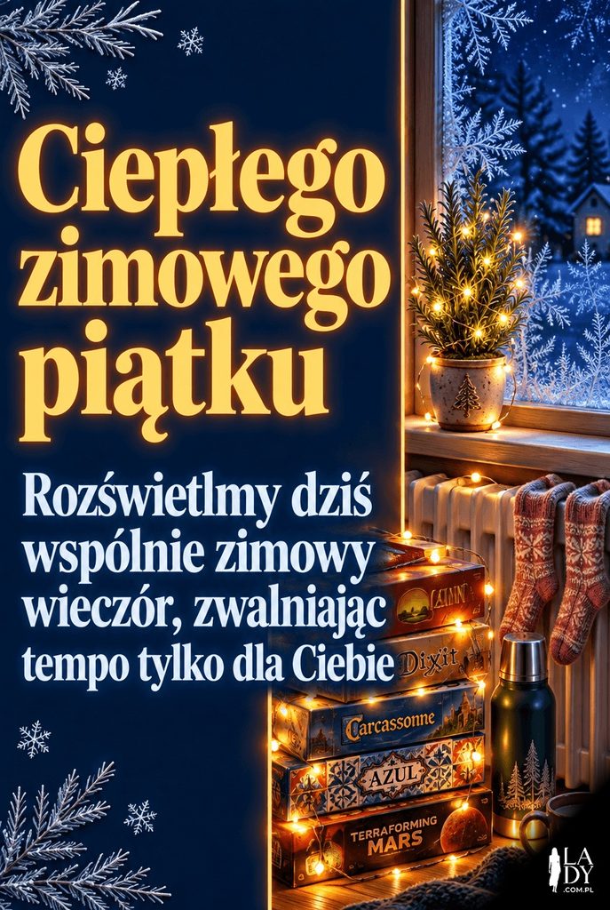 Ilustracja świetlnych konturów przedstawiająca gry planszowe, termos i skarpety przy oknie w zimowy, przytulny piątkowy wieczór.
