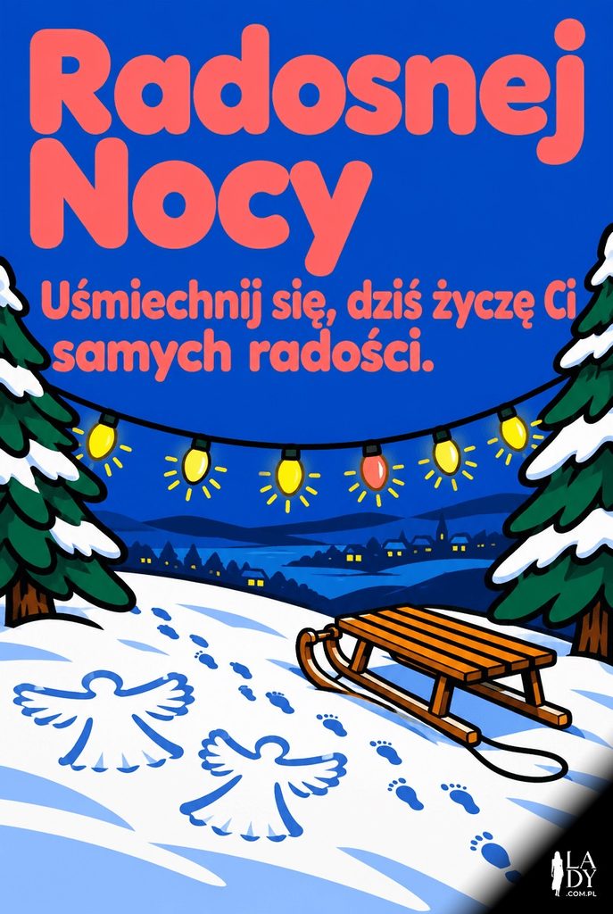 Kolorowa ilustracja pop-art aniołków na śniegu i lampek choinkowych, z życzeniem radosnej nocy