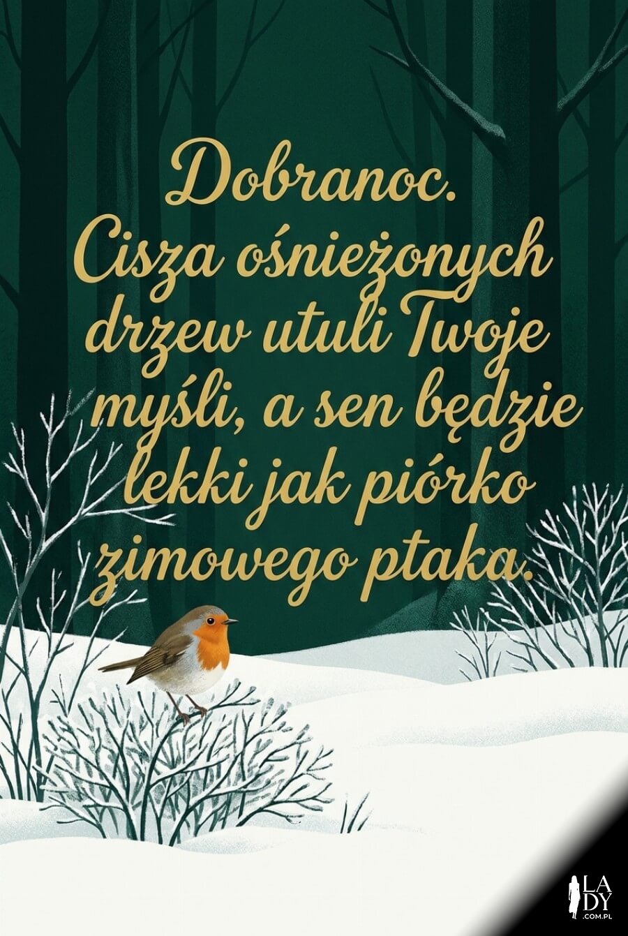 Minimalistyczna grafika zimowego lasu z małym rudzikiem i dominującym, złotym tekstem życzeń na dobranoc