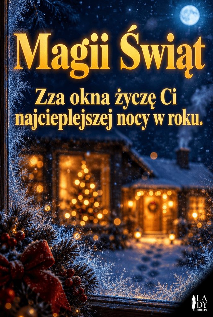 Widok przez oszronione okno na choinkę z bokehem świateł, z życzeniem magii świąt