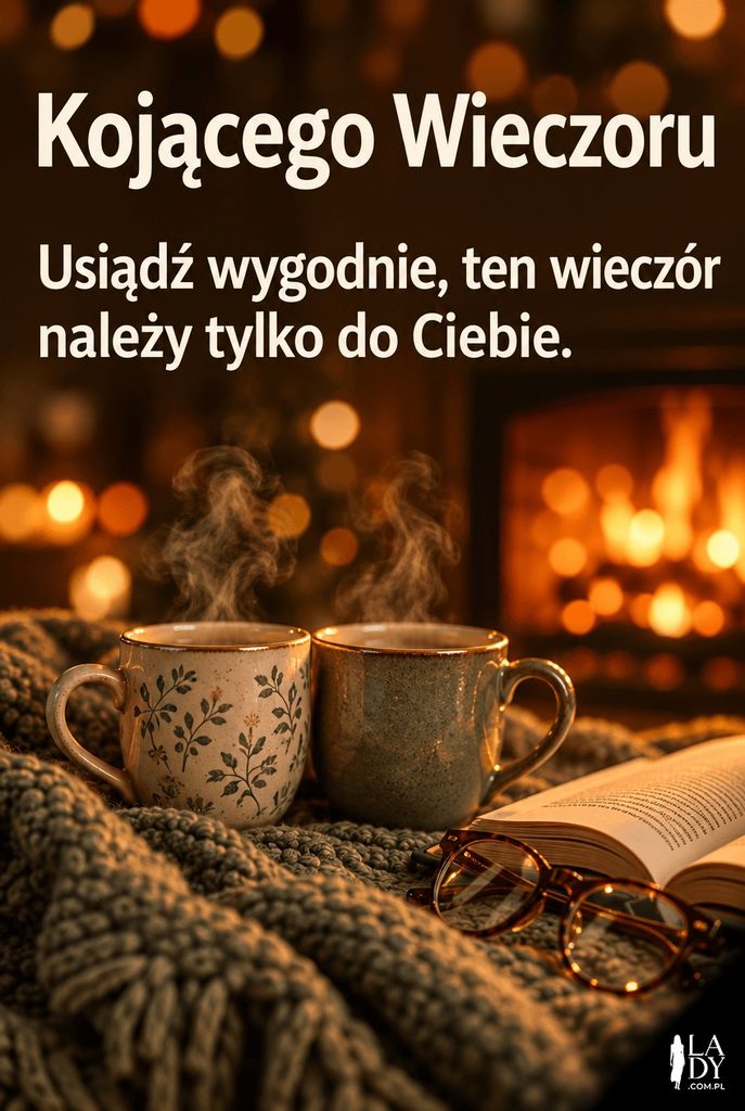 Dwie filiżanki herbaty przy kominku z ciepłym bokehem świateł, z życzeniem kojącego wieczoru