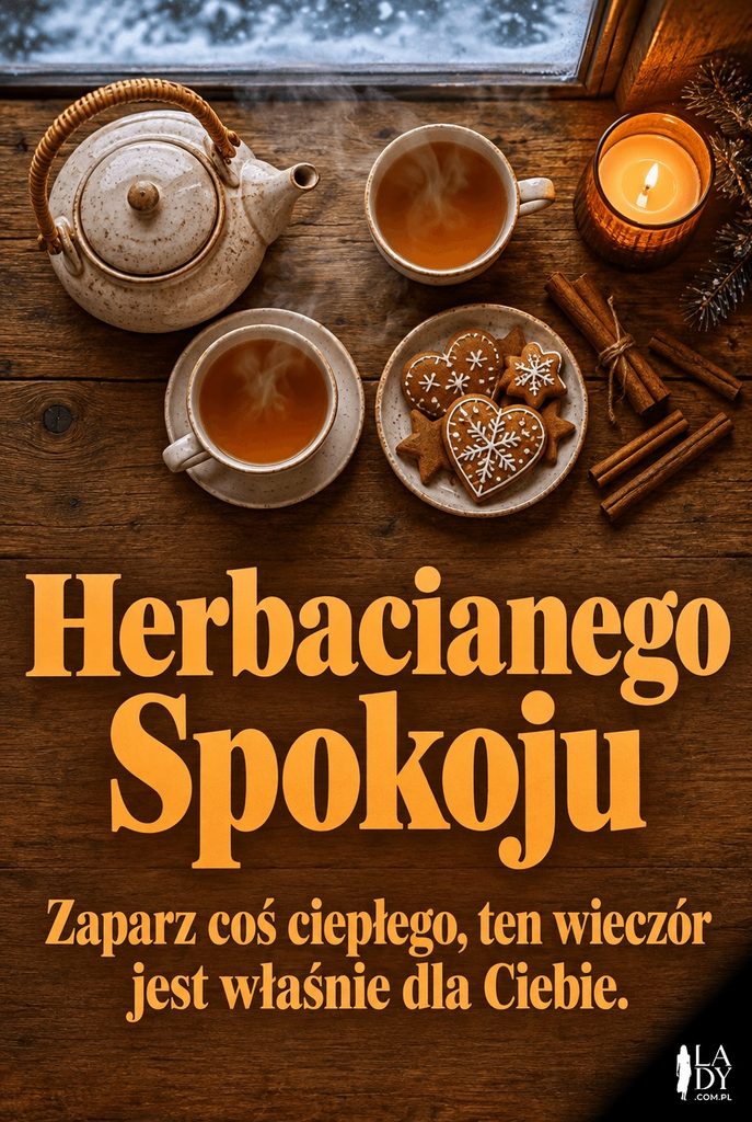 Ujęcie z góry na tacę z herbatą, piernikami i świecą przy śnieżnym oknie, z życzeniem herbacianego spokoju