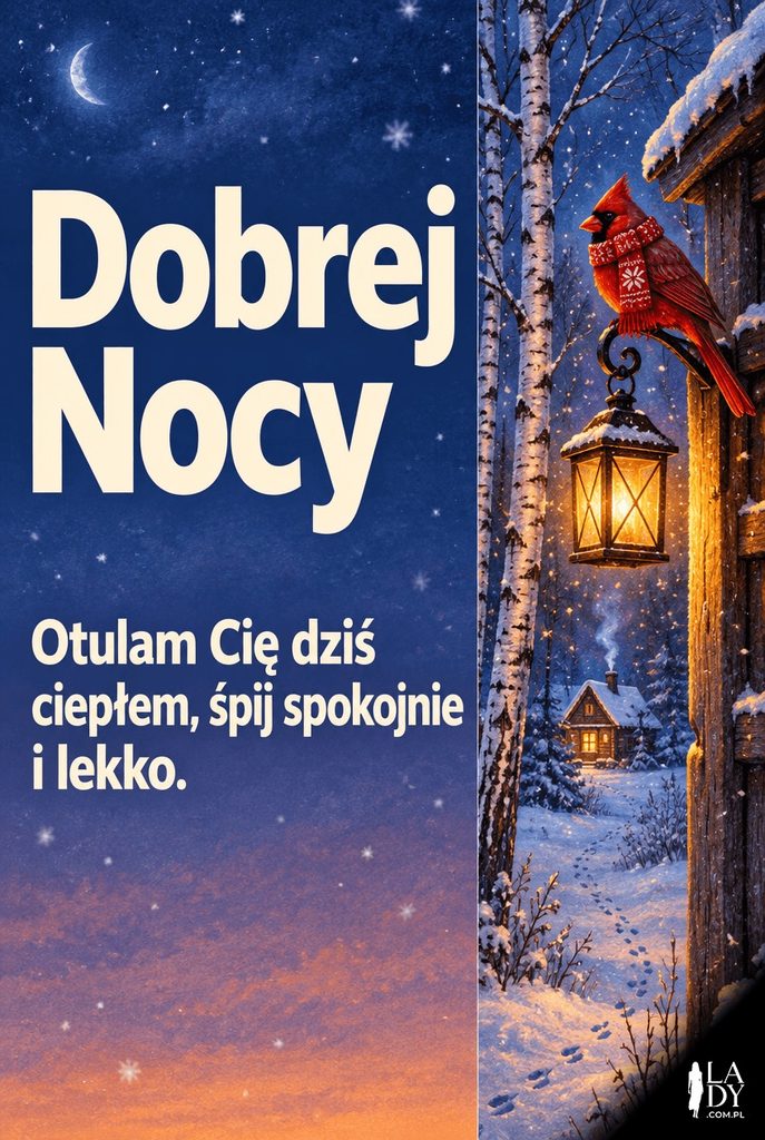 Ilustracja czerwonego kardynała na latarni o błękitnej godzinie z życzeniem dobrej nocy