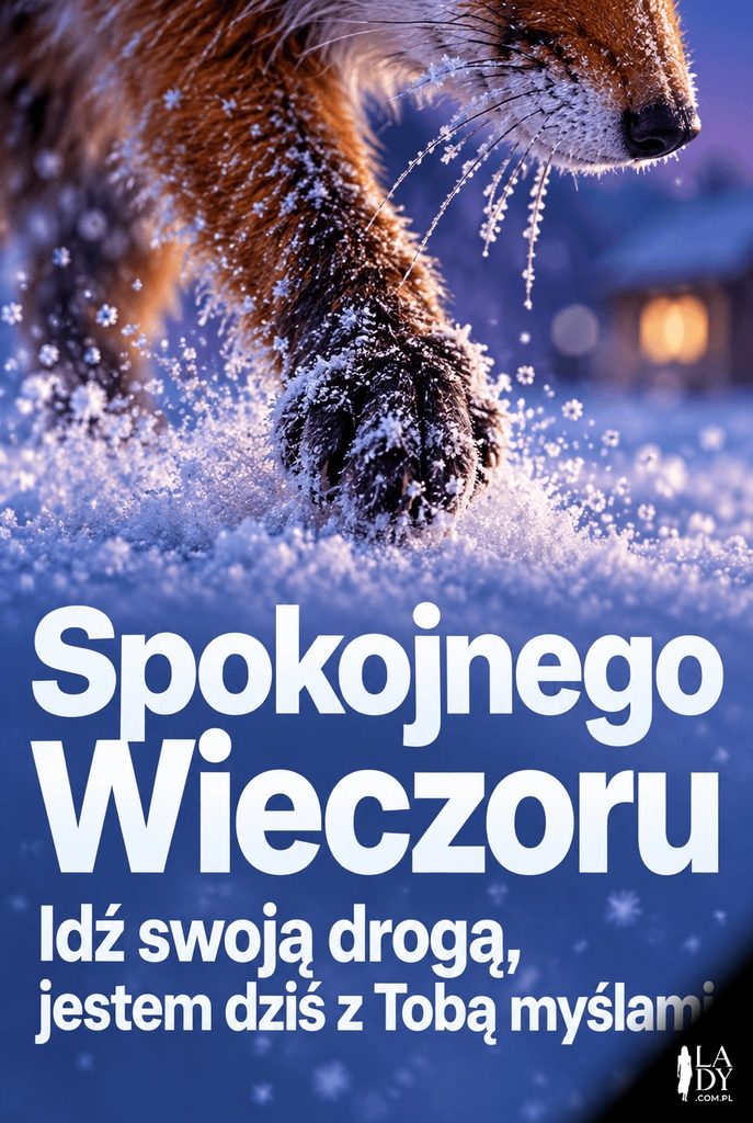 Makrofotografia łapy lisa w biegu przez śnieg o zmierzchu, z życzeniem spokojnego wieczoru