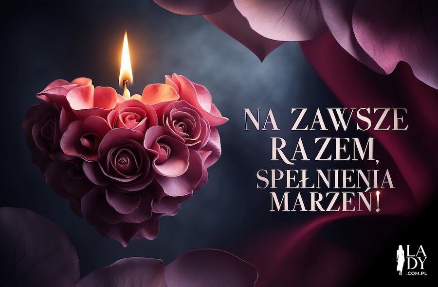 Ilustracja pełna serdeczności i ciepła, serce z róż i płomieniem, z napisem: Na zawsze razem, spełnienia marzeń