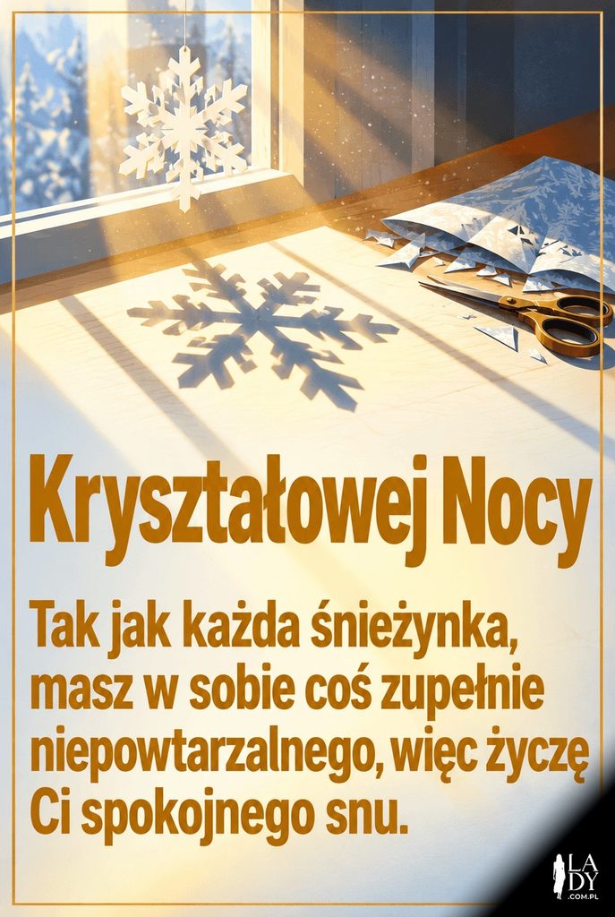 Wektorowa ilustracja papierowej śnieżynki rzucającej geometryczny cień w promieniach słońca, z dłuższym życzeniem spokojnej nocy