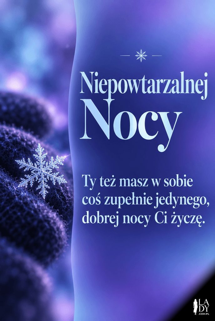 Makro płatka śniegu na wełnianej rękawiczce na tle miękkiego gradientu, z życzeniem niepowtarzalnej nocy