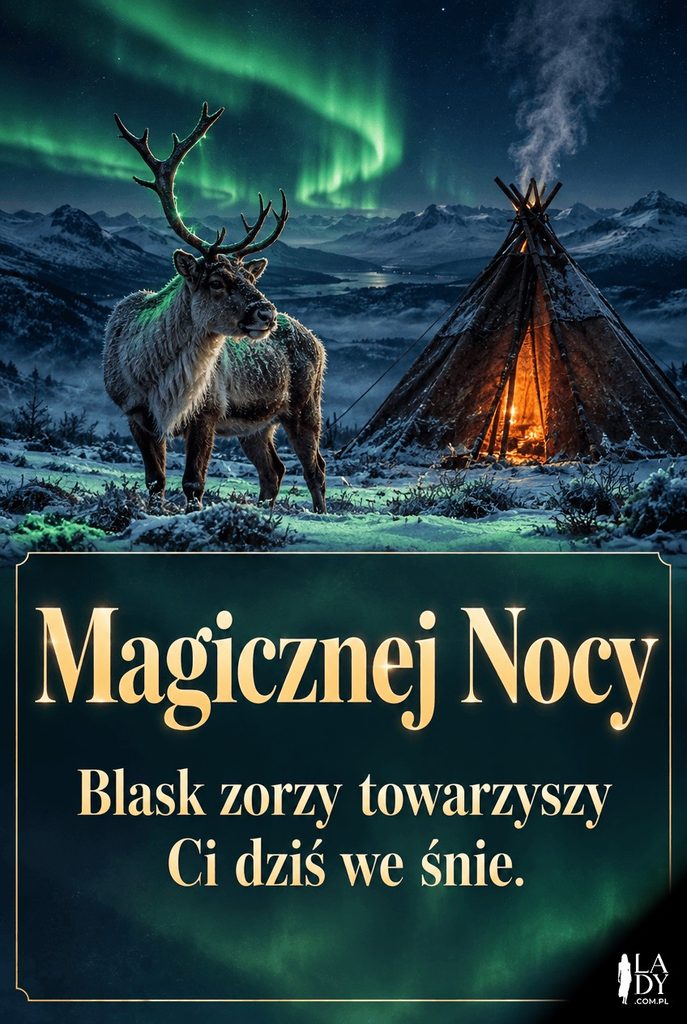 Fotograficzny krajobraz renifera przy namiocie z zorzą polarną i życzeniem magicznej nocy