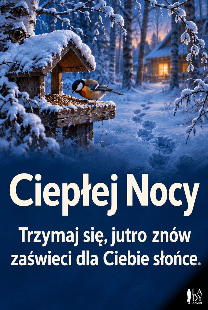 Ilustracja sikory lądującej na ośnieżonym karmniku o zimowym zmierzchu z życzeniem dobrej nocy