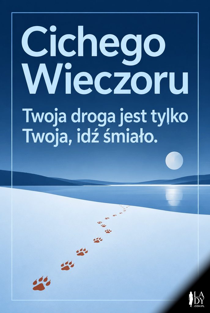 Minimalistyczna grafika śladów lisa na śniegu, z życzeniem cichego wieczoru