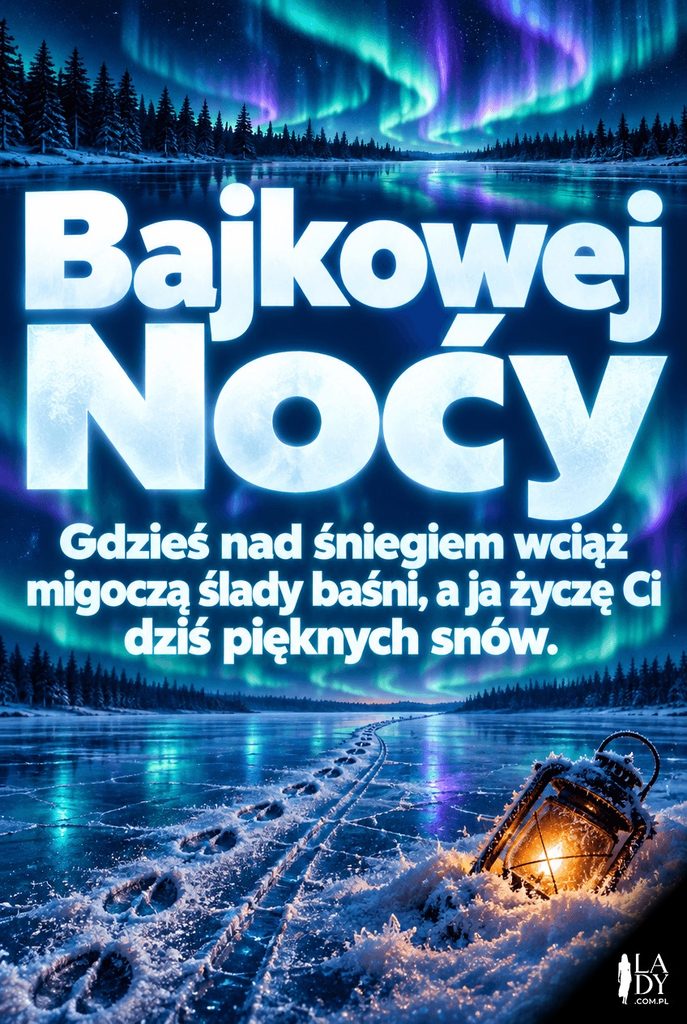 Świecące kontury zorzy nad śladami reniferów na zamarzniętym jeziorze, z dłuższym życzeniem bajkowej nocy