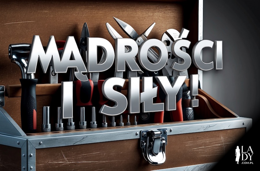 Oryginalny obrazek, walizka z narzędziami dla zięcia, z napisem: Mądrości i siły