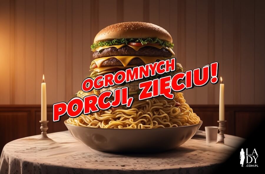 Humorystyczna grafika, wielki burger i makaron na talerzu, z przesłaniem: Ogromnych porcji, zięciu