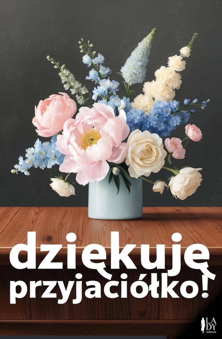 Ilustracja pełna pięknych akcentów z okazji Dnia Przyjaźni, z tekstem: Dziękuję przyjaciółko