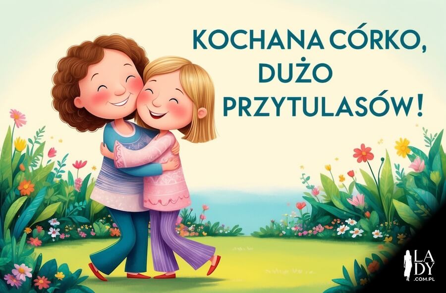 Piękna kartka pełna humoru, Córka tuląca się ze swoją mamą w ogródku, z życzeniami: Kochana córko, dużo przytulasów