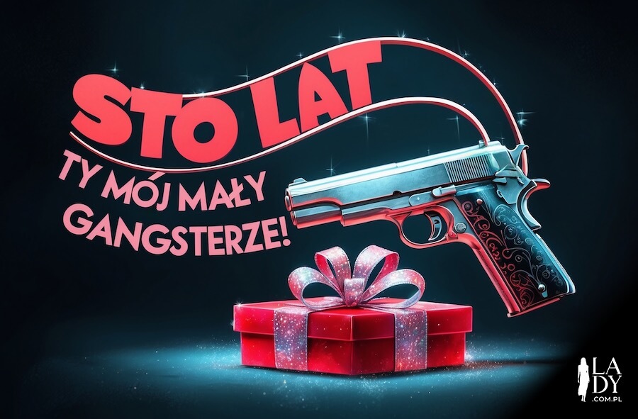 Zabawna ilustracja z charakterem do wysłania synowi w dniu urodzin, pistolet i prezent, z życzeniami: Sto lat, ty mój mały gangsterze